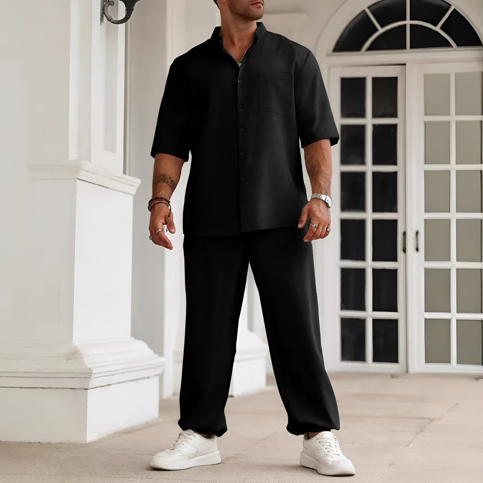 Men's cotton linen casual trousers set with short-sleeved button shirt in black, gray, or apricot