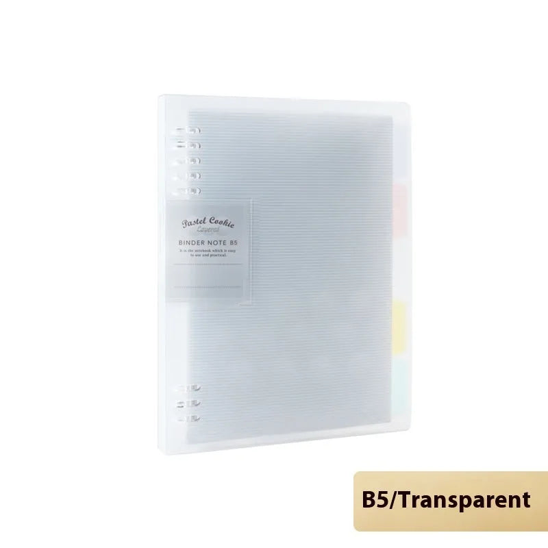 Loose-leaf spiral notebook with PP cover open, showing raw wood pulp pages in A5 or B5 size.
