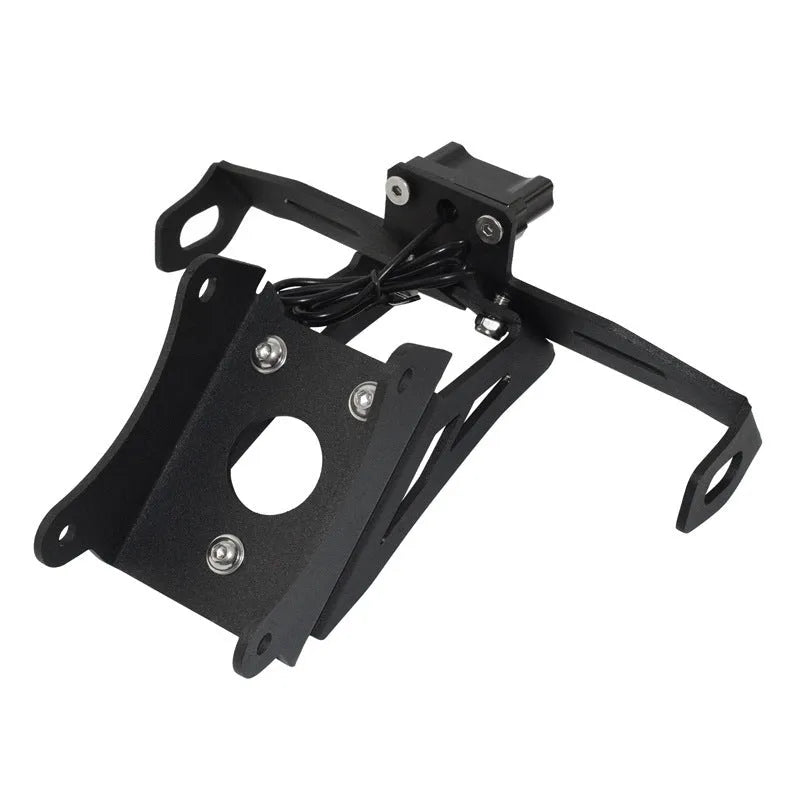 Black aluminium rear licence plate bracket for Honda motorcycles on a white background.