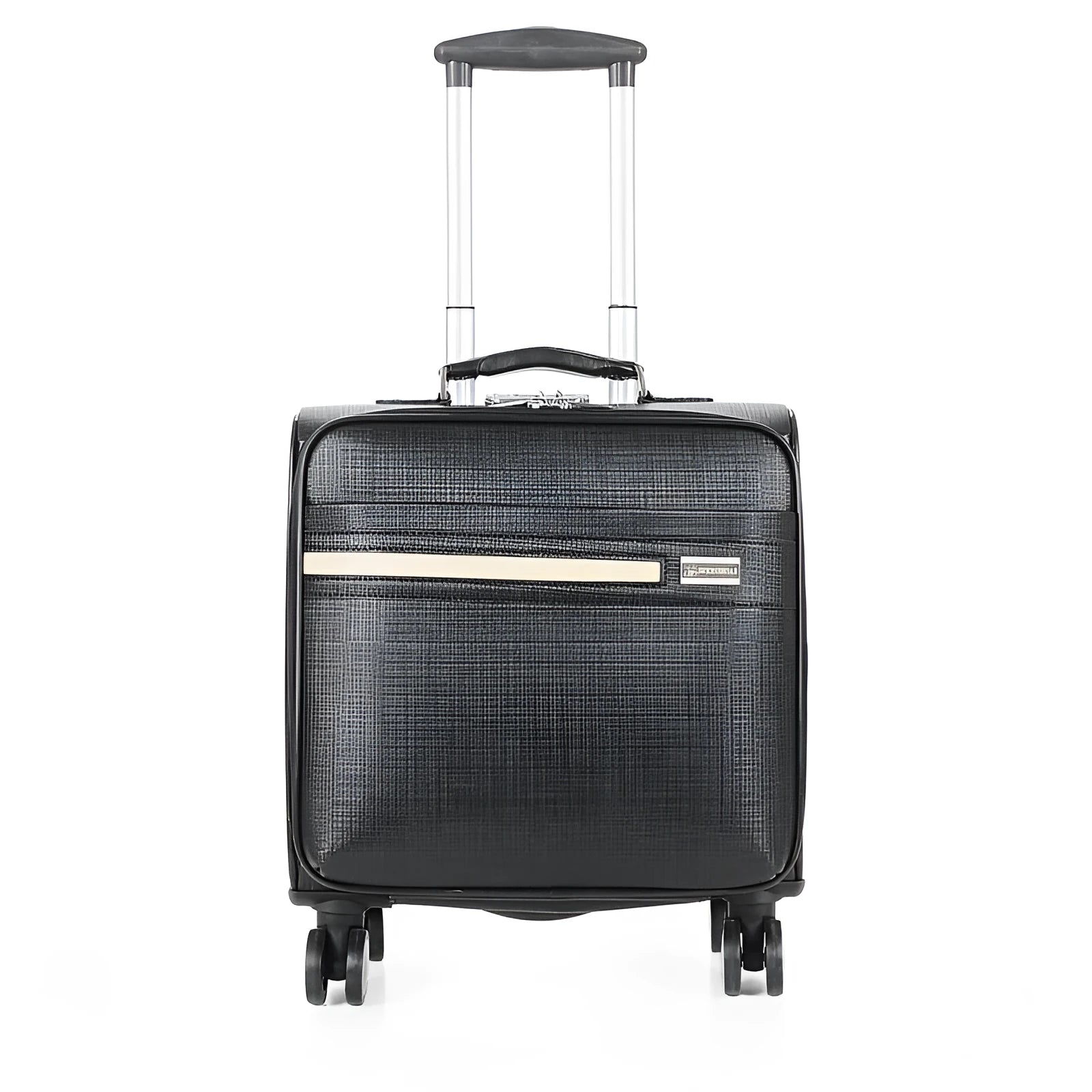 Black 18-inch PU leather business case with wheels and a combination lock