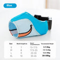 Canvas dog muzzle anti-bite product showing Ollie Brown Bear and Bondi Blue Shark colour options