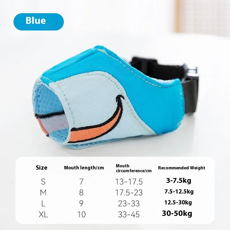 Canvas dog muzzle anti-bite product showing Ollie Brown Bear and Bondi Blue Shark colour options