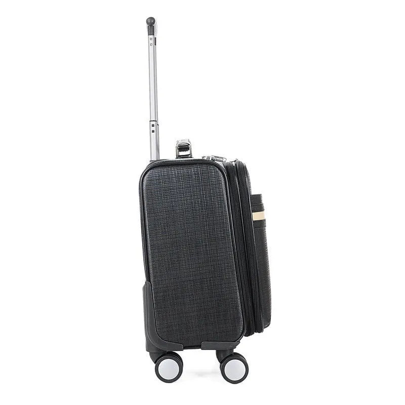 Black 18-inch PU leather business case with wheels and a combination lock