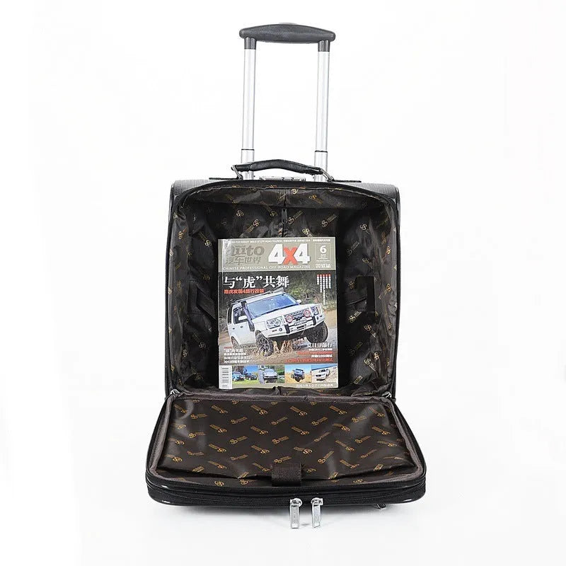 Black 18-inch PU leather business case with wheels and a combination lock