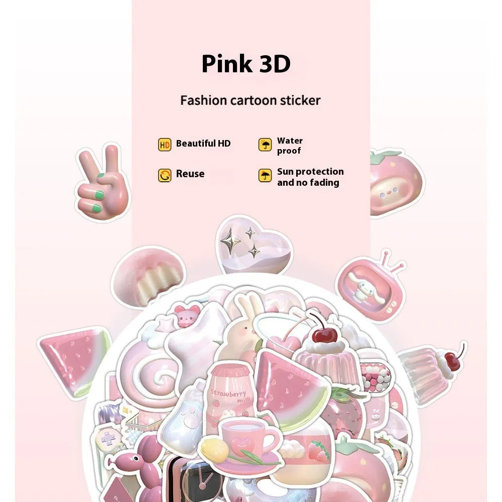 Pink girl heart decorative stickers with realistic 3D appearance in cute style, 63 pieces per pack