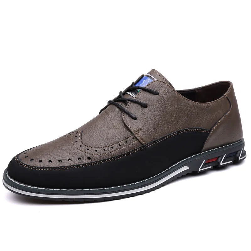 Men's black casual leather shoes with a rubber sole and leather toe cap.