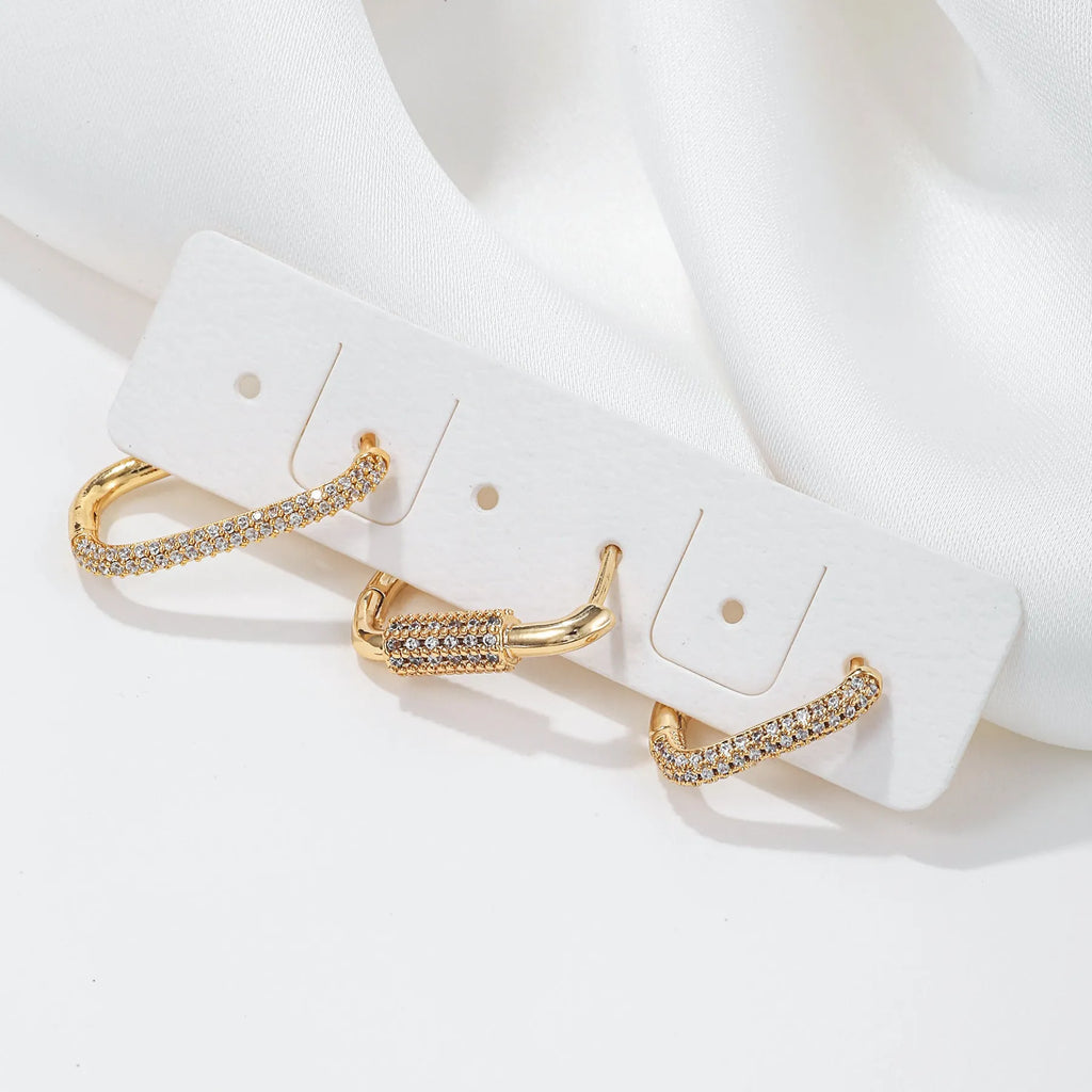 Geometric copper ear clip three-piece set with micro inlaid zircon detailing in gold and white finishes