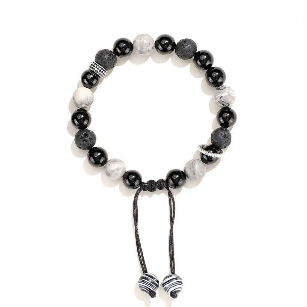 Black agate map stone volcanic bracelet with diamond-shaped stones and electroplated metal components