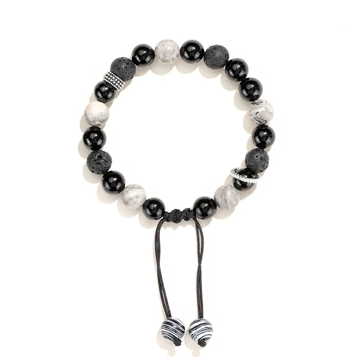 Black agate map stone volcanic bracelet with diamond-shaped stones and electroplated metal components