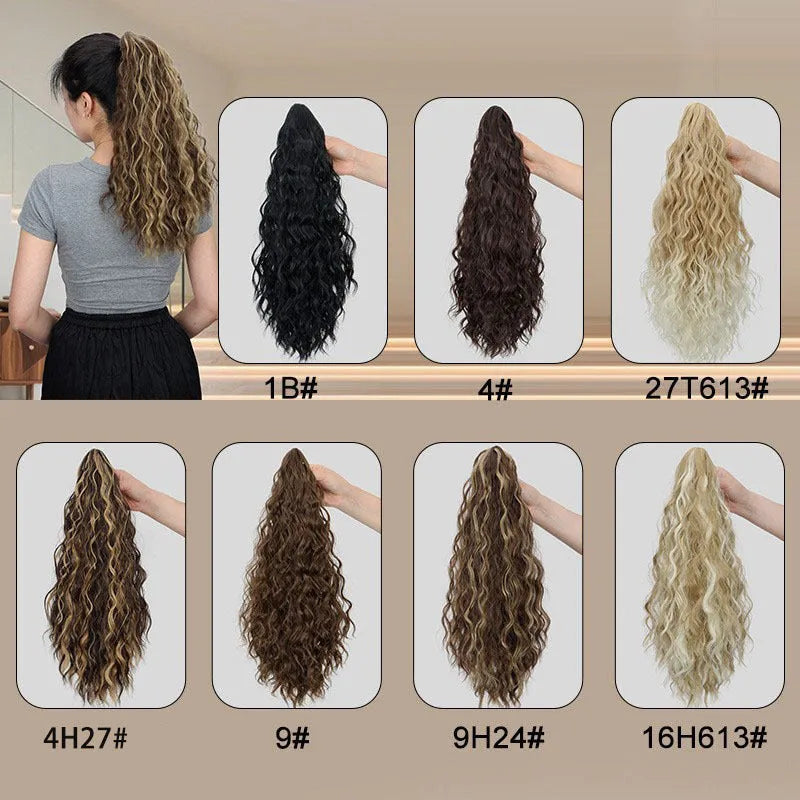 Synthetic water ripple grip corn curler ponytail wig in various colours with hair clip.