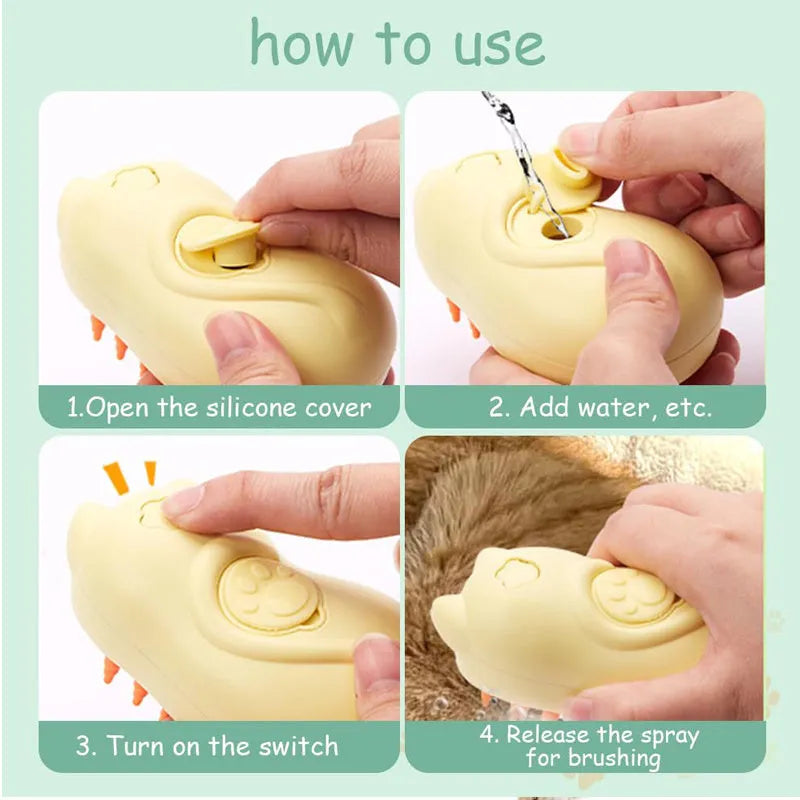 3-in-1 steam pet grooming brush with medium-sized handle for cats and dogs