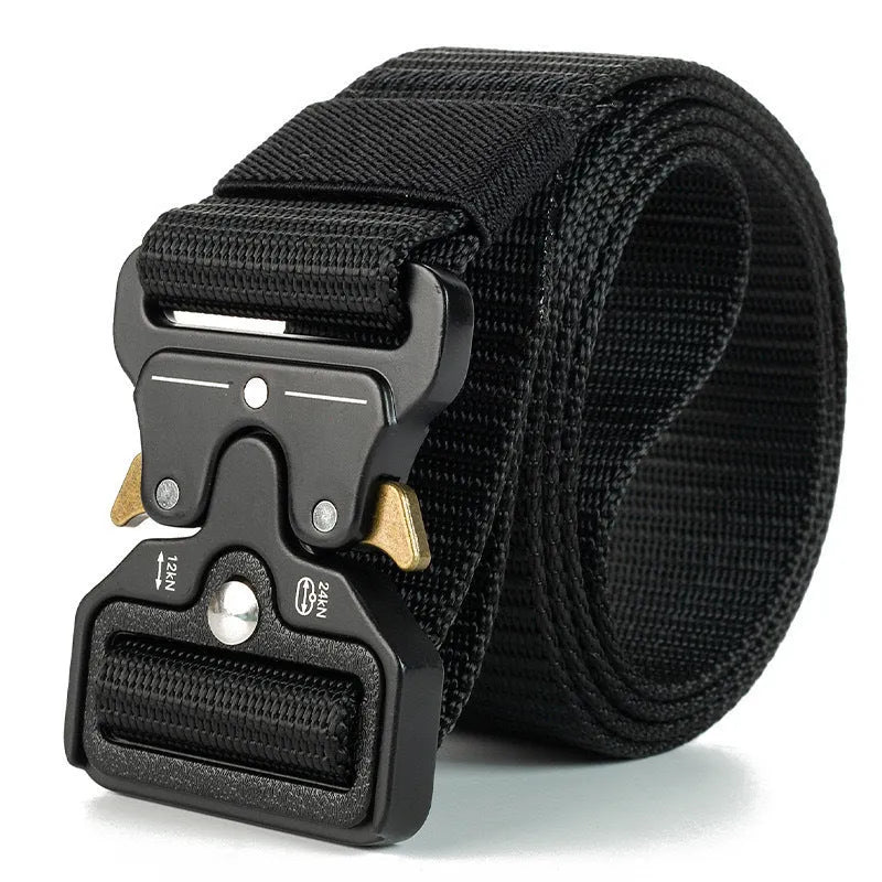 Men's canvas tactical belt with alloy release buckle showing weaving flowers texture treatment