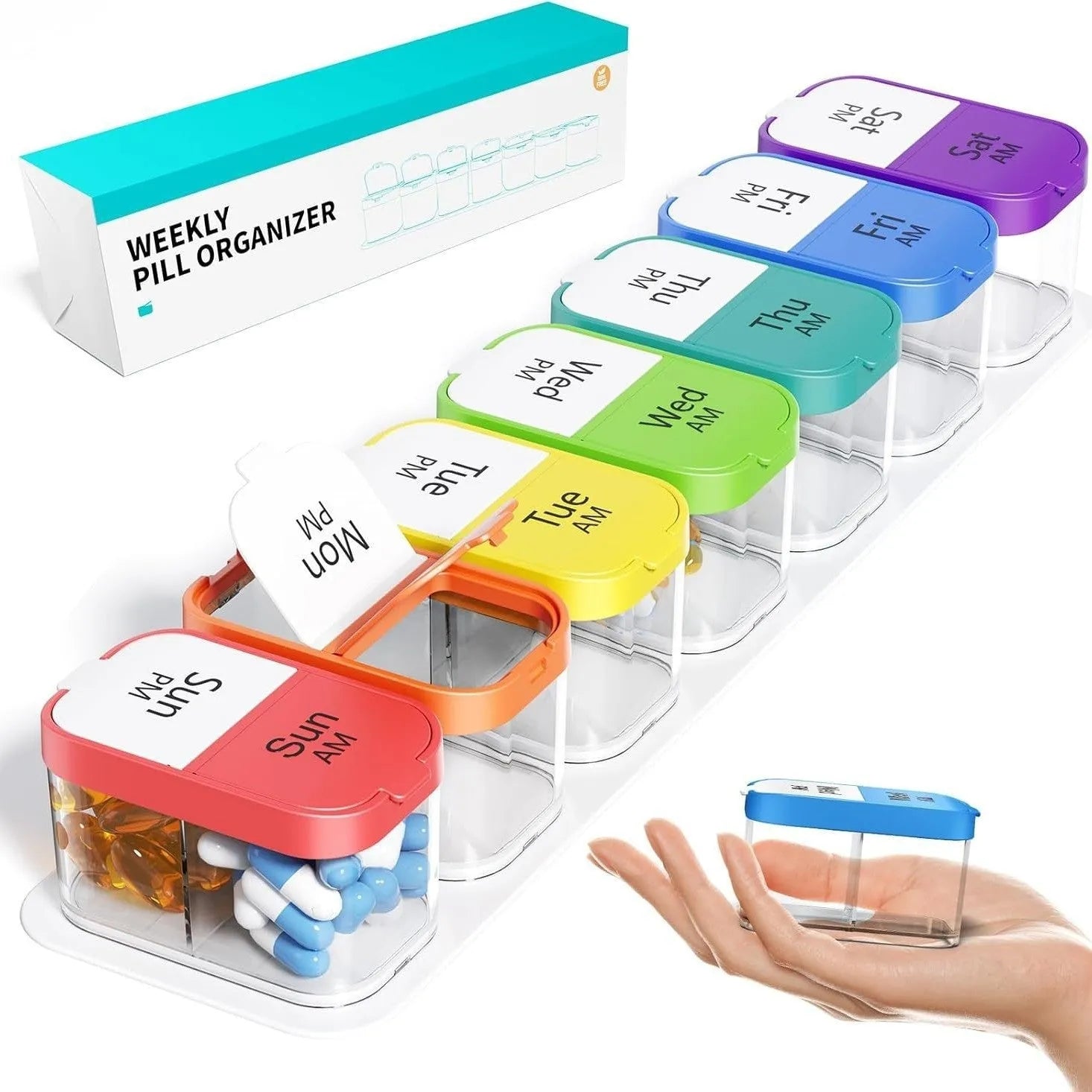 Extra large portable pill box with 14 removable compartments in white or rainbow colour, dimensions 327x65x49mm