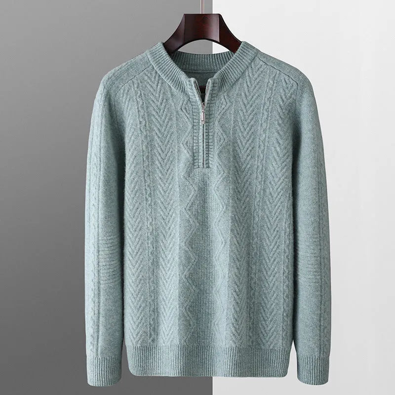 Men's pure wool diamond pattern half zip sweater in camel colour with lattice knit texture