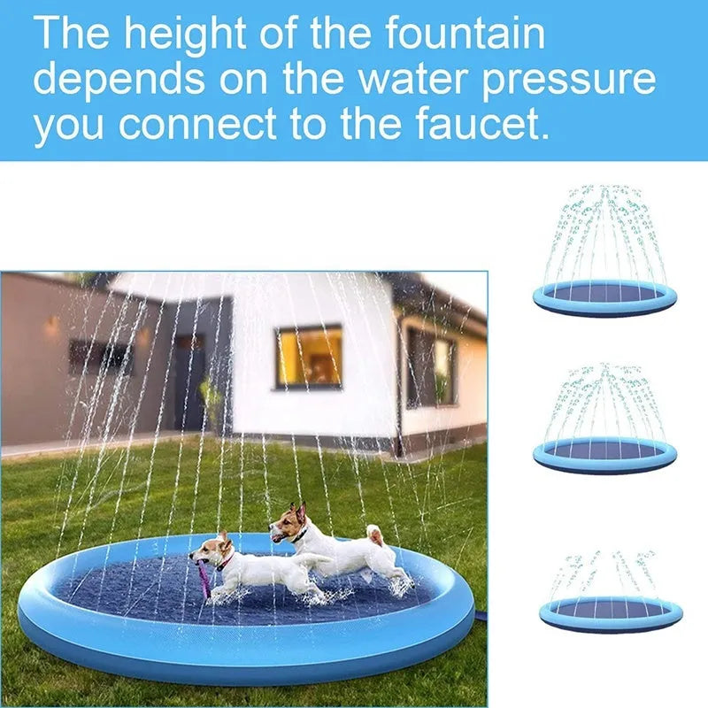 Large 150cm diameter blue dog splash pad with anti-slip texture, filled with water on grass.