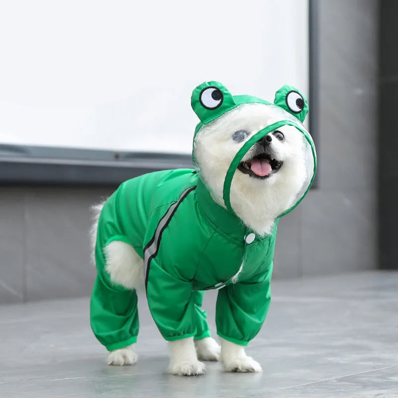 Four legged pet raincoat in green plastic waterproof material for dogs sizes XS to 7XL