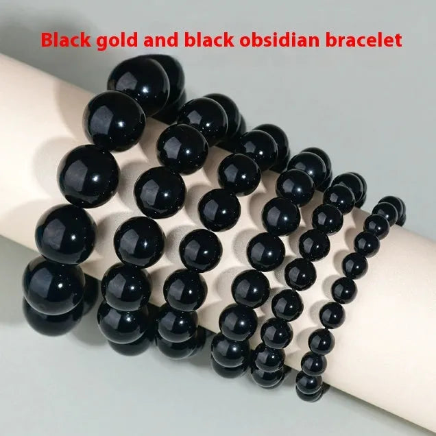 Hand-woven ethnic style unisex obsidian bracelet with round crystal beads.