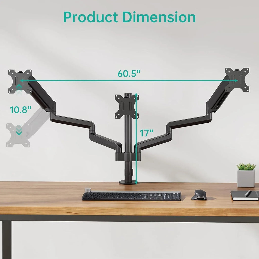 Black aluminium alloy three-arm gas spring monitor mounting arm for 27-inch screens