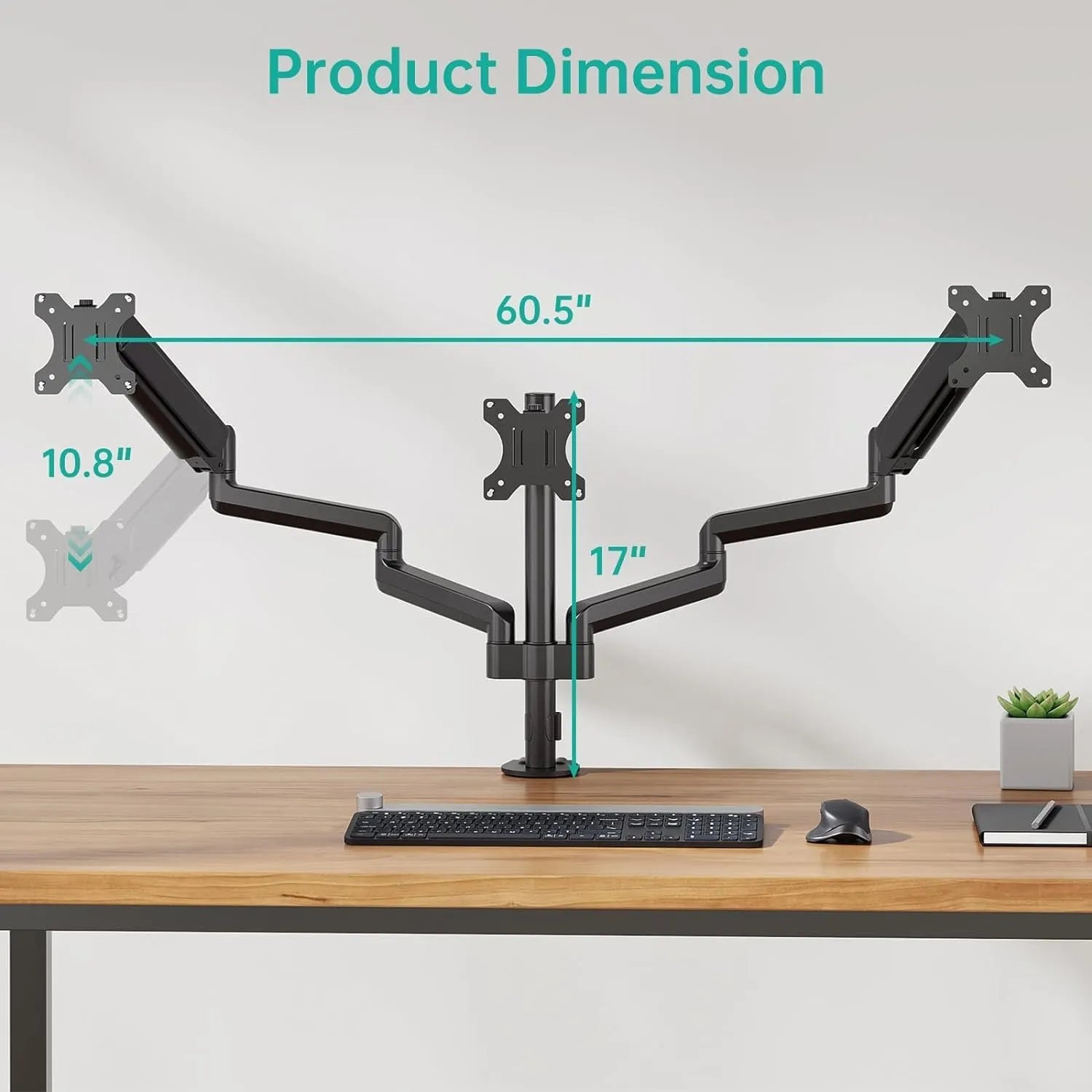 Black aluminium alloy three-arm gas spring monitor mounting arm for 27-inch screens