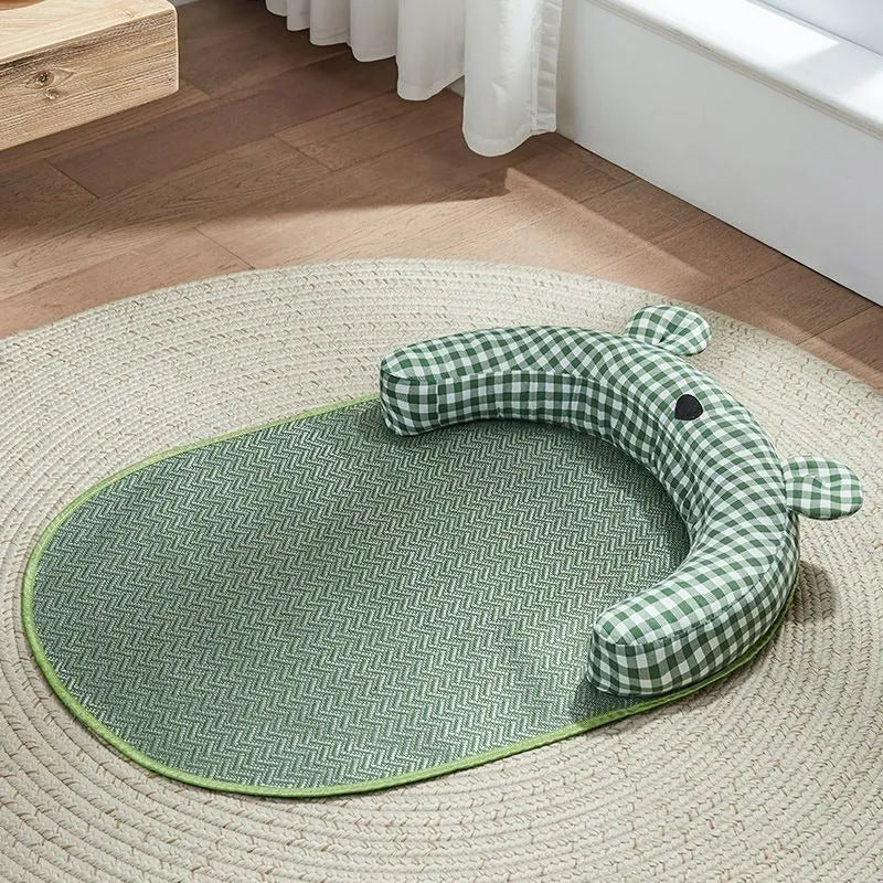 Green and yellow four-season dog and cat bed mattress ice pad shown in four different sizes.