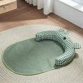Green and yellow four-season dog and cat bed mattress ice pad shown in four different sizes.