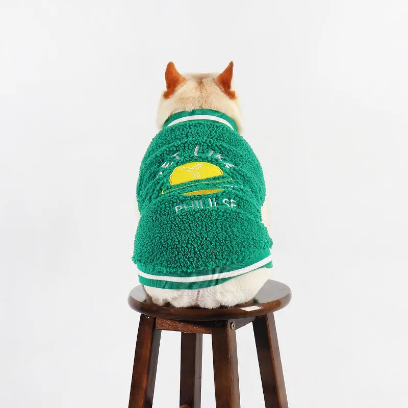Green fleece-lined cotton dog clothing for winter wear in multiple sizes