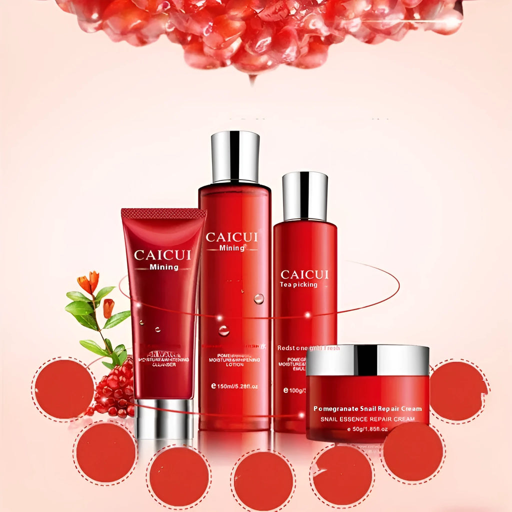 Red packaged pomegranate skincare set containing face wash, toner, lotion and facial cream bottles.