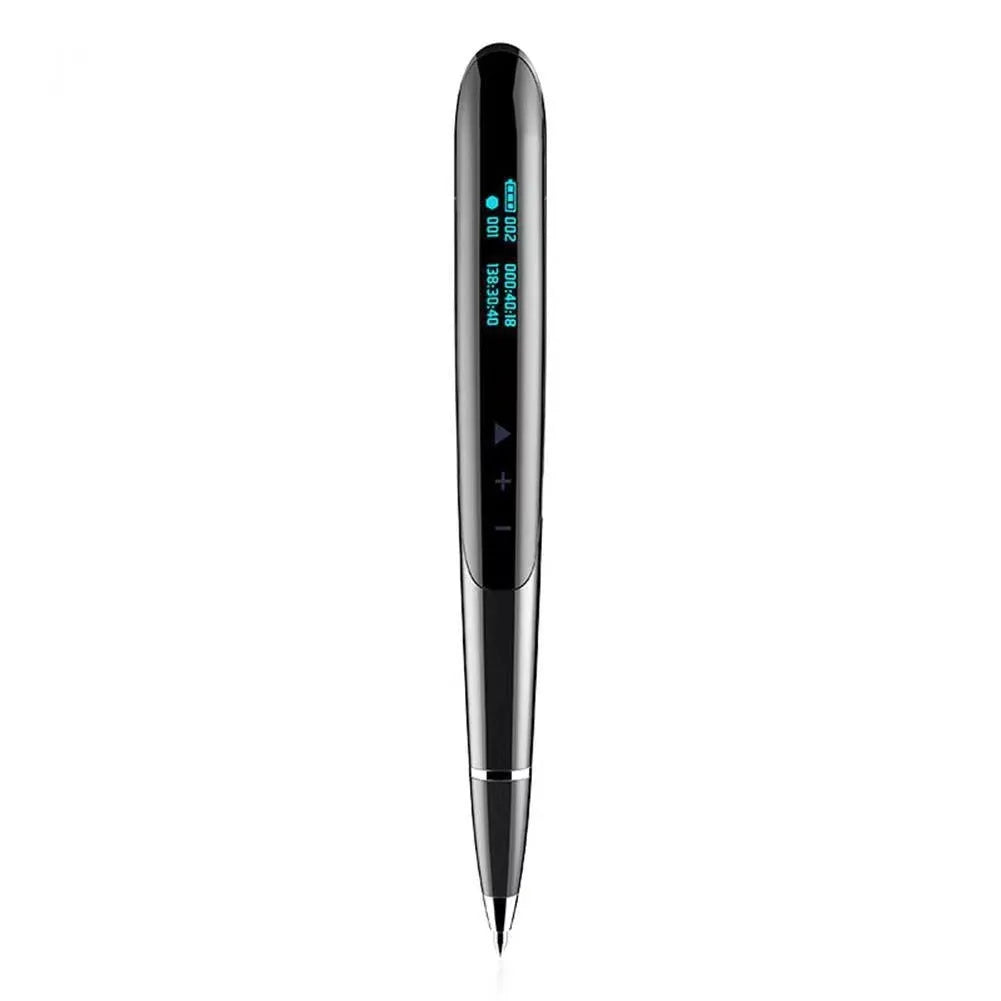 Black lossless recording pen with OLED display screen showing recording information