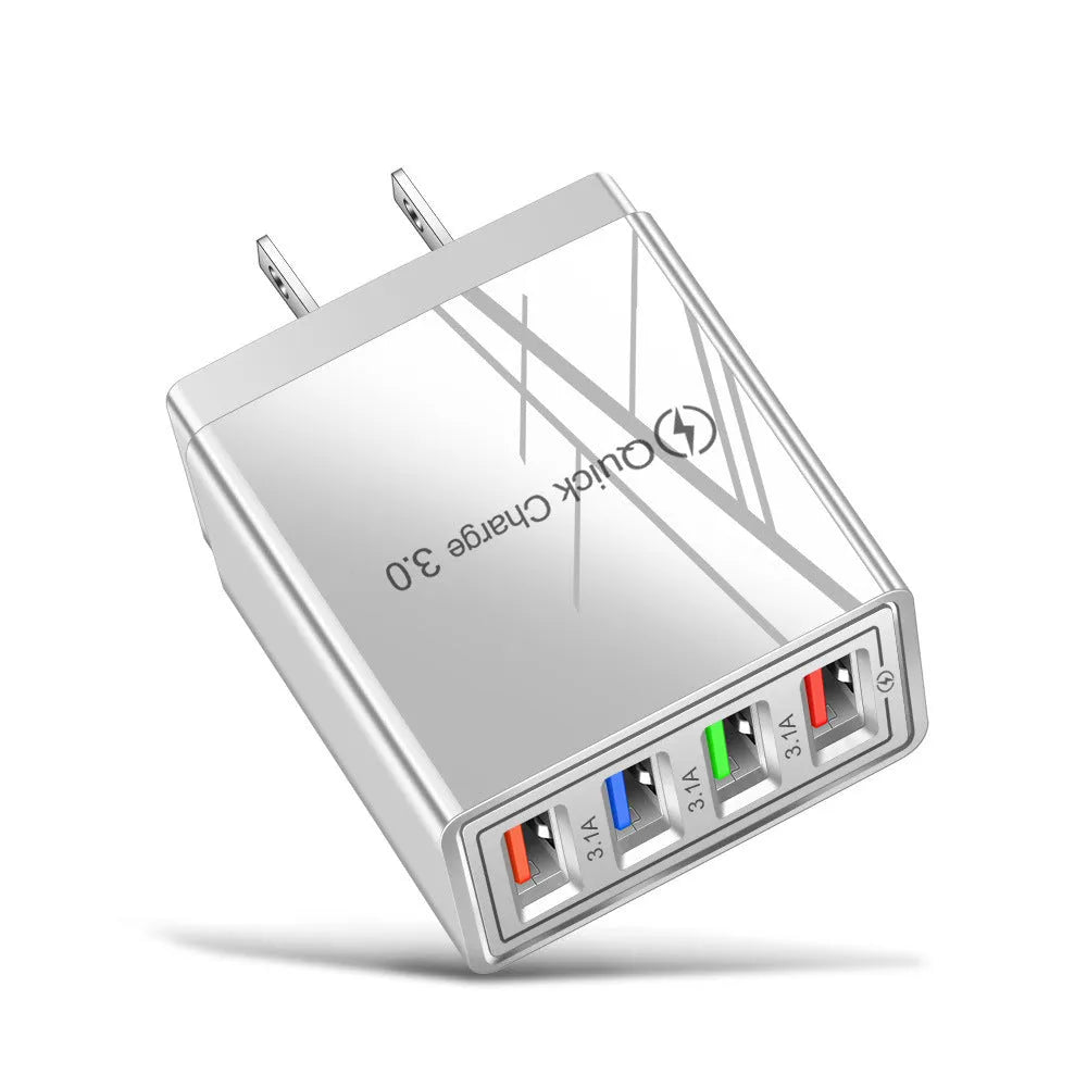 Luminous 4-port USB mobile phone charger in selected colour with indicator light, showing EU or US plug type.