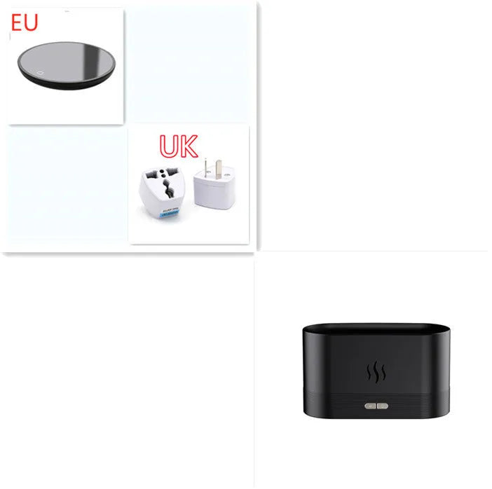 Square 180ml ultrasonic aroma diffuser with flame LED light in black, on a desk with visible mist