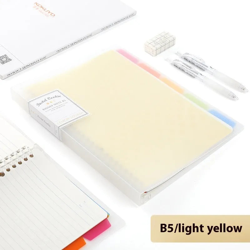 Loose-leaf spiral notebook with PP cover open, showing raw wood pulp pages in A5 or B5 size.