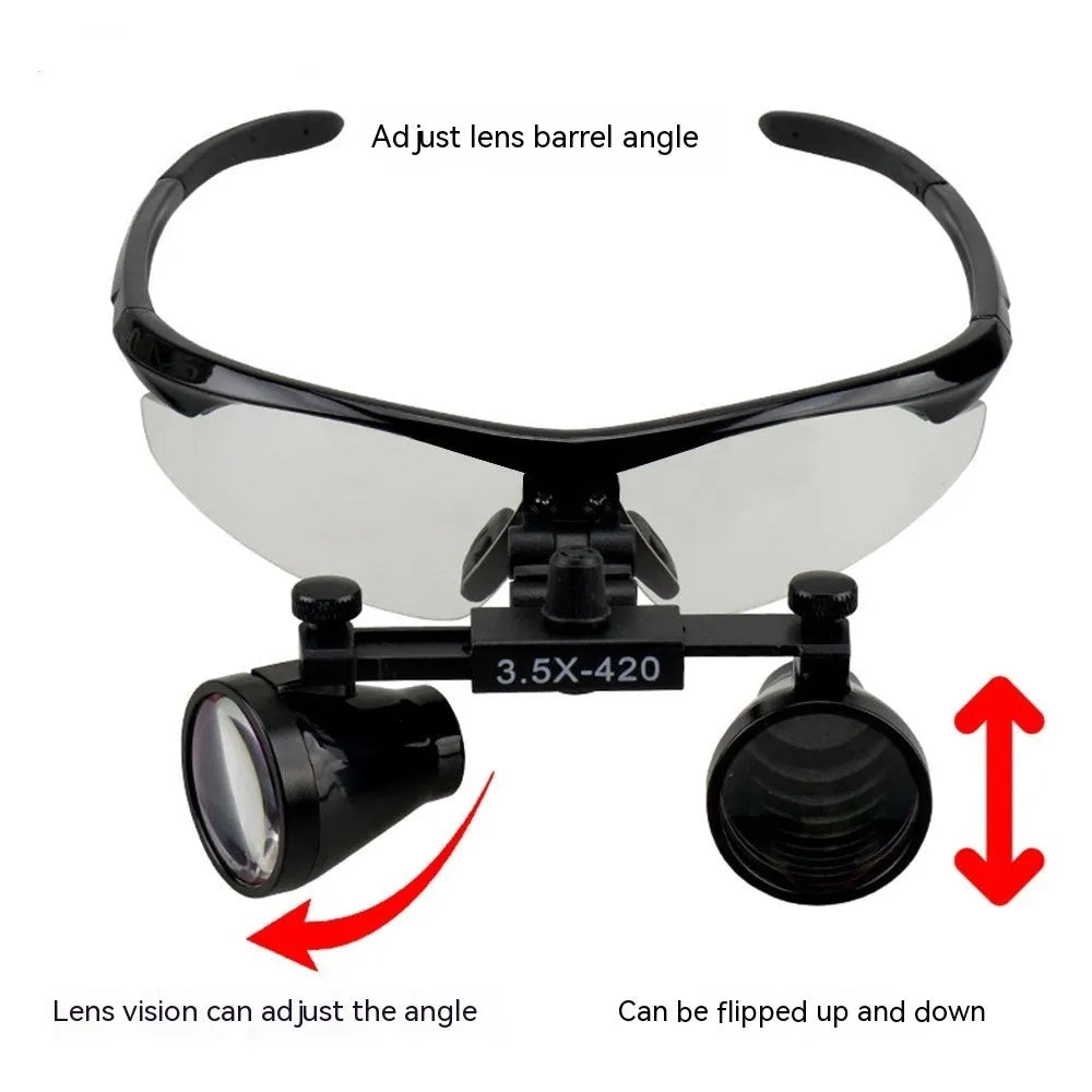 Black dental magnifying glasses with LED headlight showing 3.5X magnification and adjustable head strap