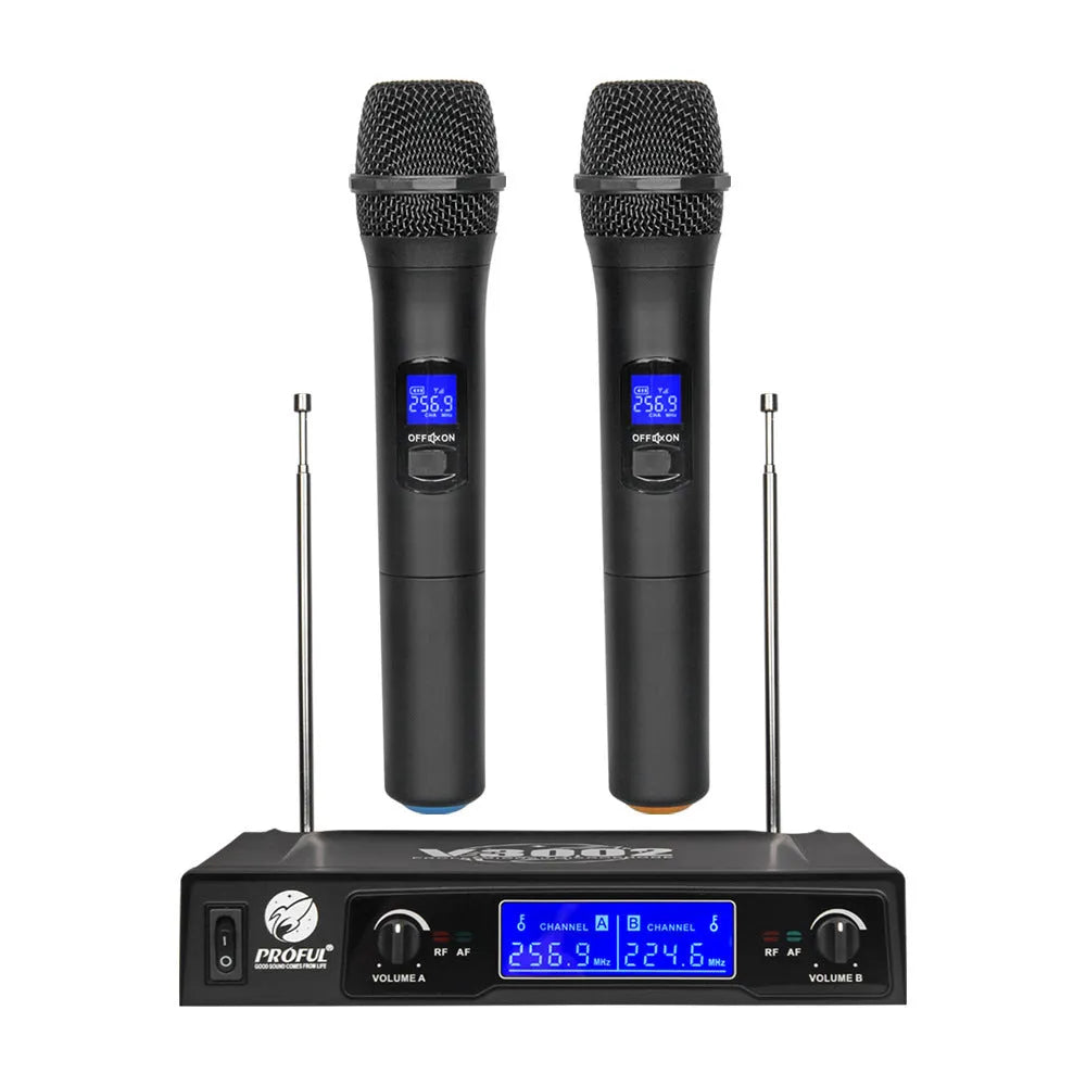 Black V-3002 wireless handheld microphone set with two mics and a transmitter unit