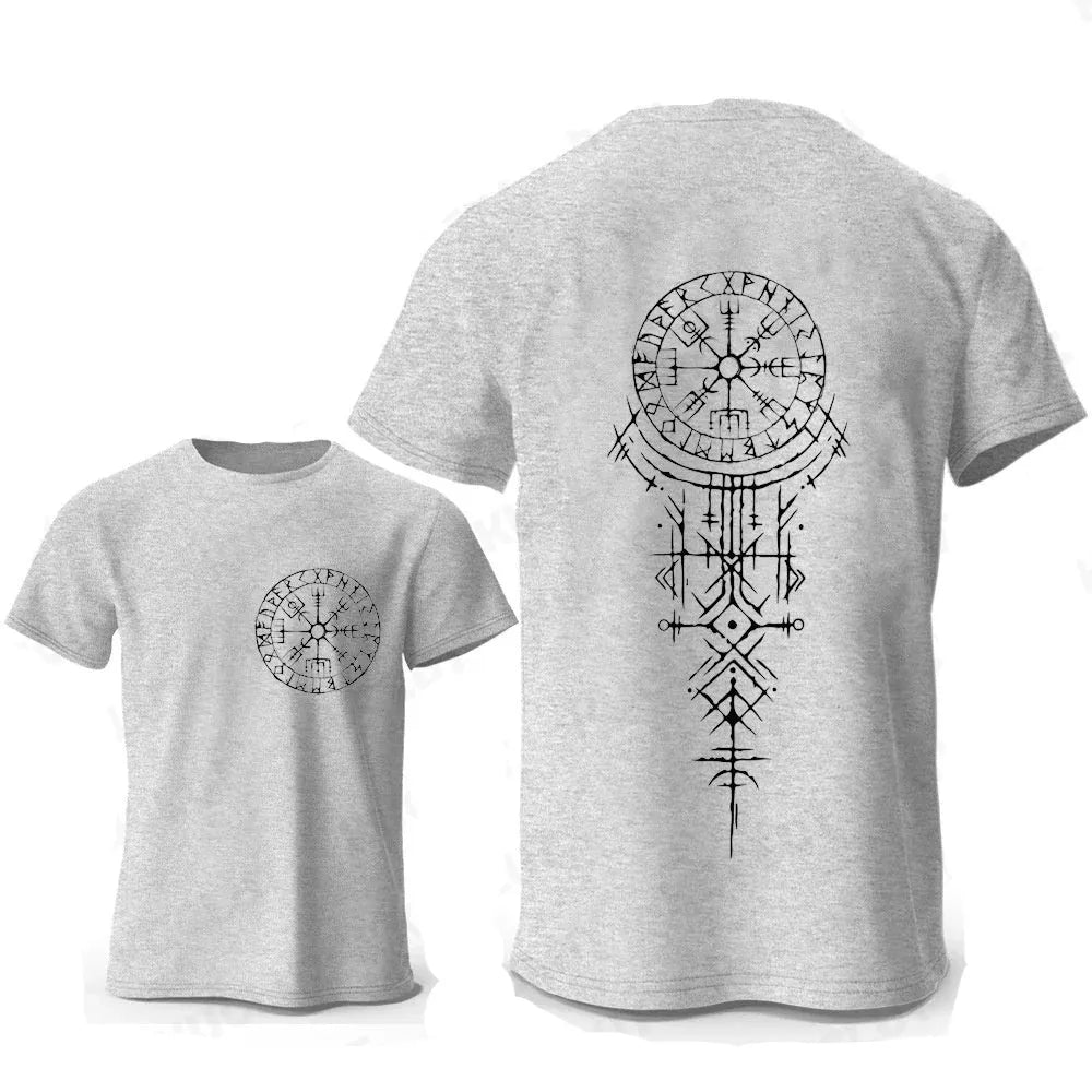 Viking rune compass design with smiling face on a men's pure cotton T-shirt.