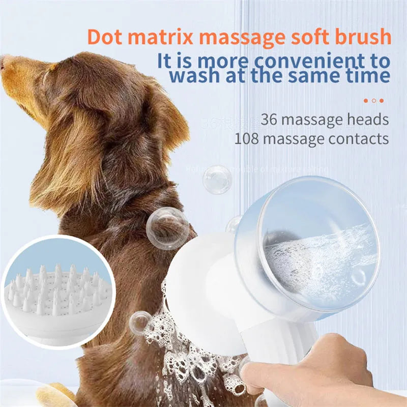 Automatic foaming dog bath brush with soap dispenser and silicone bristles on a white background