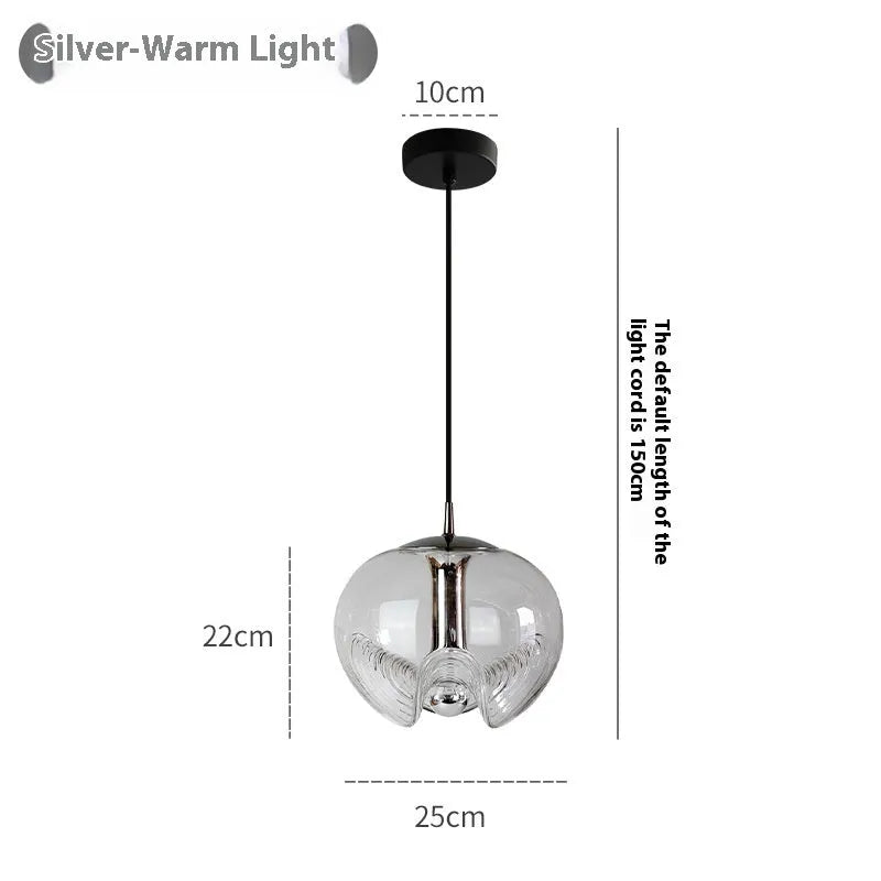 Modern minimalist glass pendant chandelier with a 25cm diameter, shown in transparent, amber, and smoky grey colour options.
