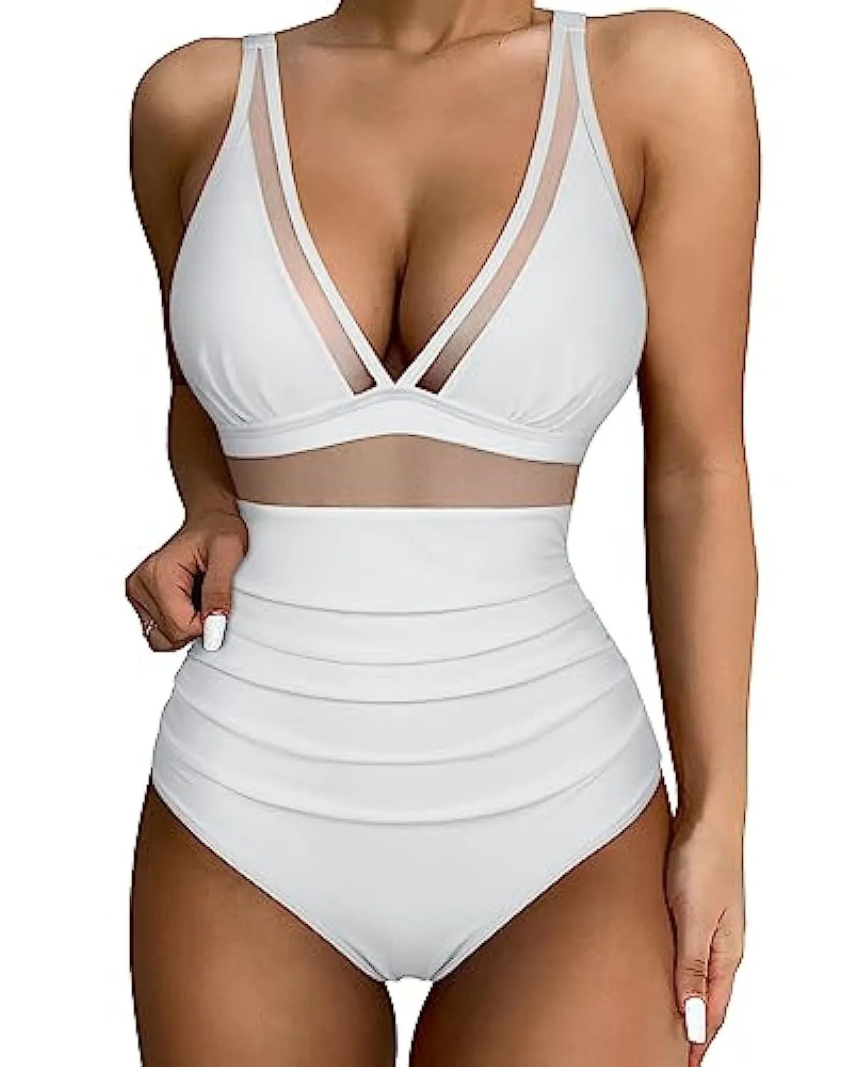 Women's high-waist one-piece swimsuit in polyester fabric available in multiple colours and patterns