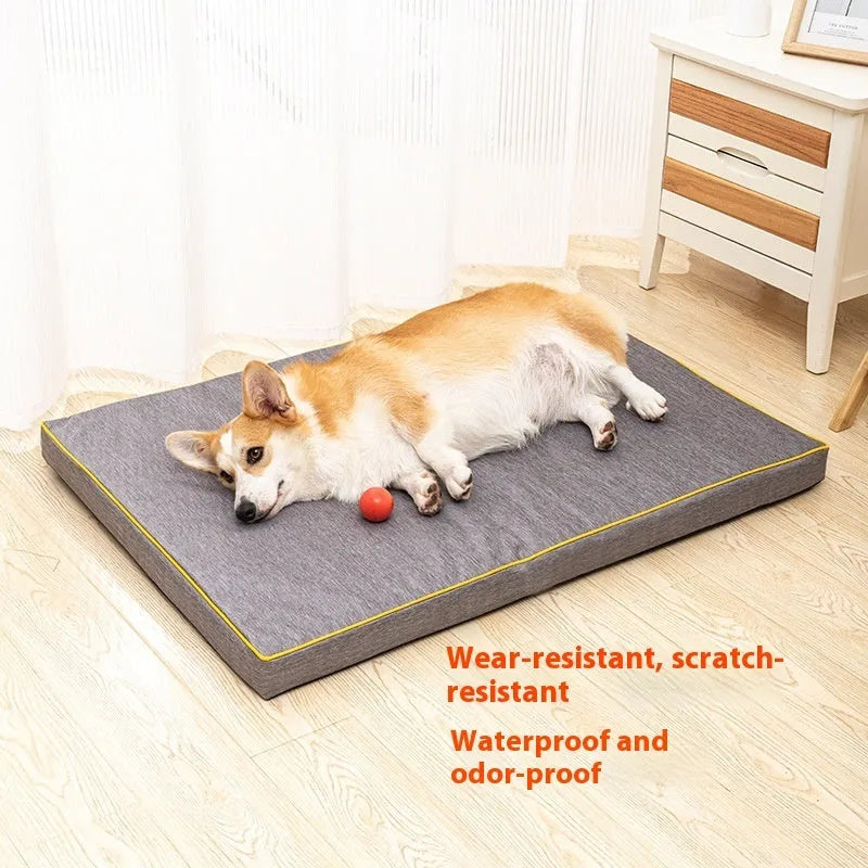 Oxford cloth waterproof scratch-resistant dog bed mat in Oxford blue, showing wooden base and size options for small to large dogs