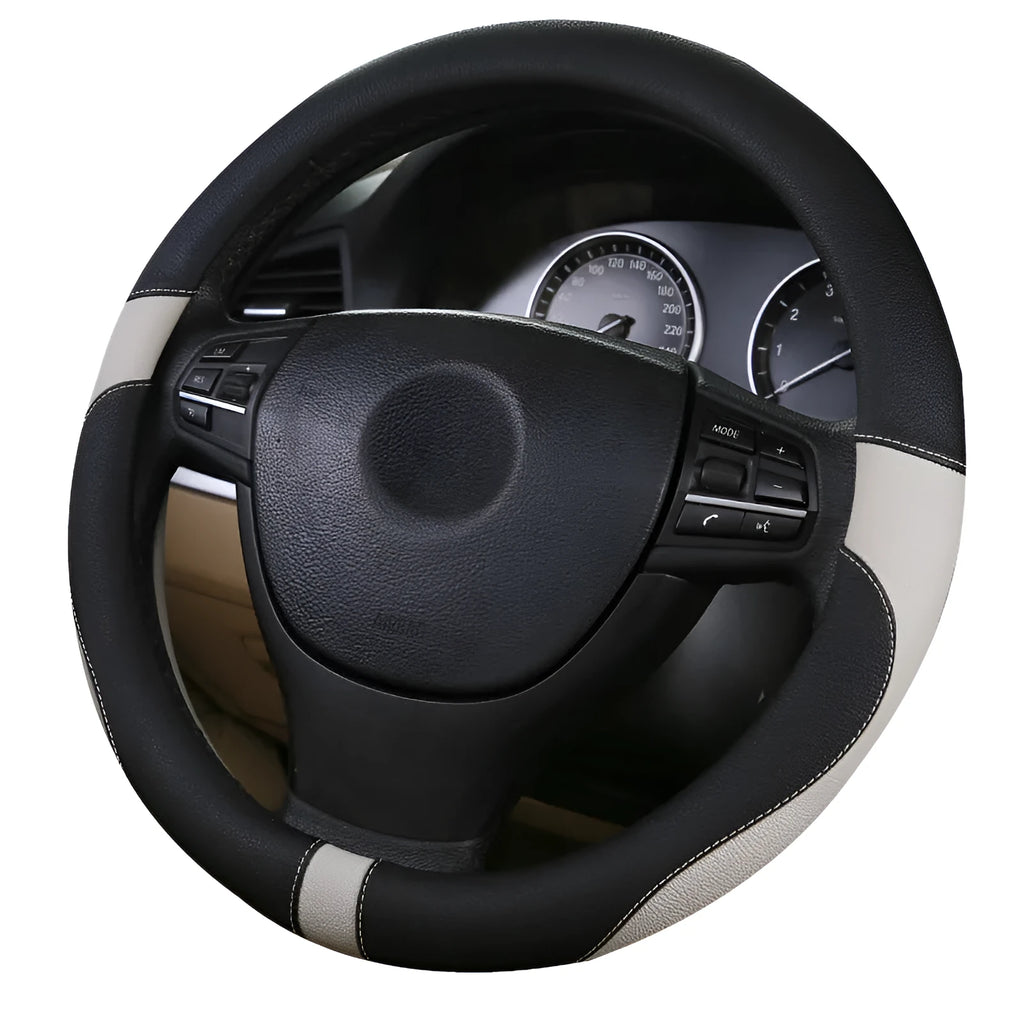 Green leather steering wheel cover for sedan with 38cm diameter on a car steering wheel