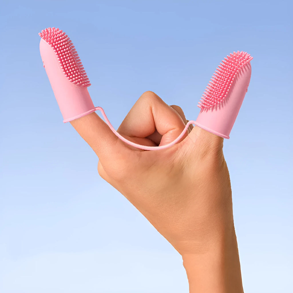 Pet dental finger toothbrush set in pink, blue green, and grass yellow colours, showing double finger design.