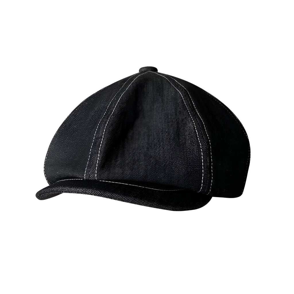 Black Japanese denim cotton beret with octagonal flat cap design