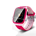 Blue children's smartwatch phone with touchscreen showing time, on a silicone wristband.