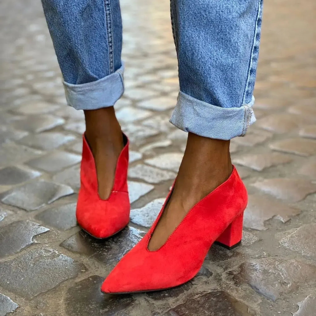 Women's fashion suede pointed-toe slip-on stiletto heel shoes in pink with rubber sole and shallow mouth design