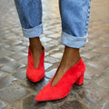 Women's fashion suede pointed-toe slip-on stiletto heel shoes in pink with rubber sole and shallow mouth design