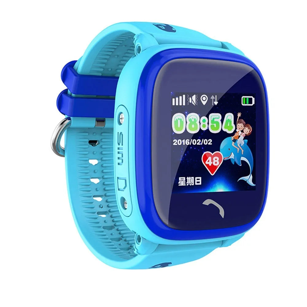Blue DF25 children's waterproof smartwatch with touchscreen display and silicone strap on a wrist.
