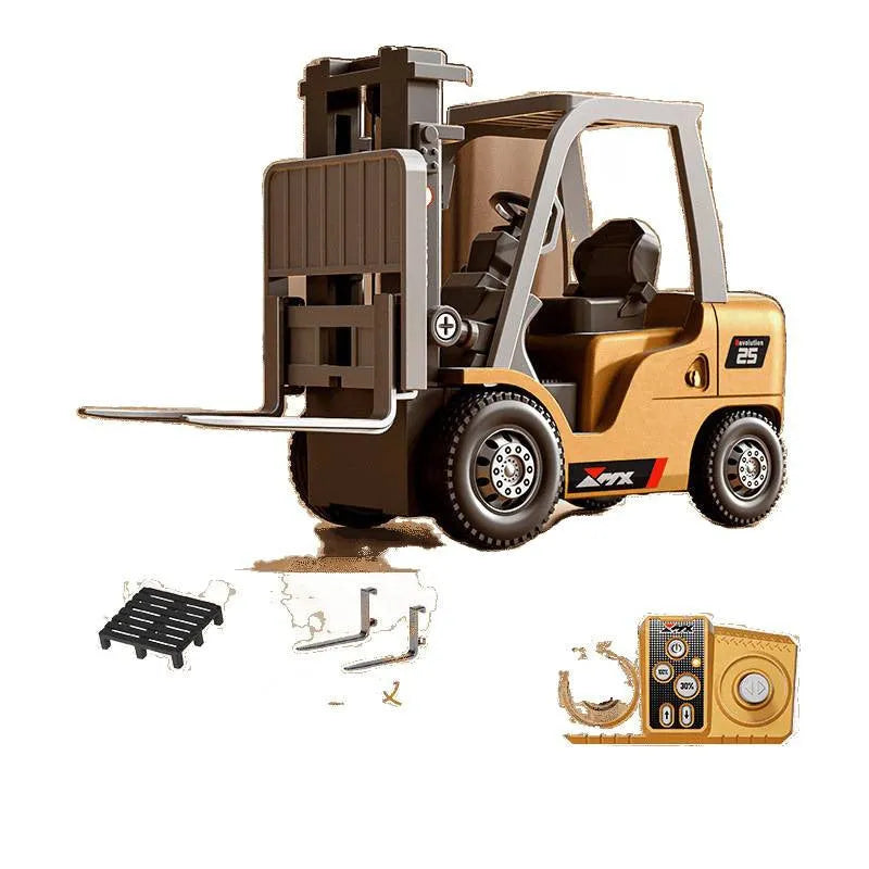1:64 scale grey alloy remote control forklift toy with cargo hook and pallet accessories on a table