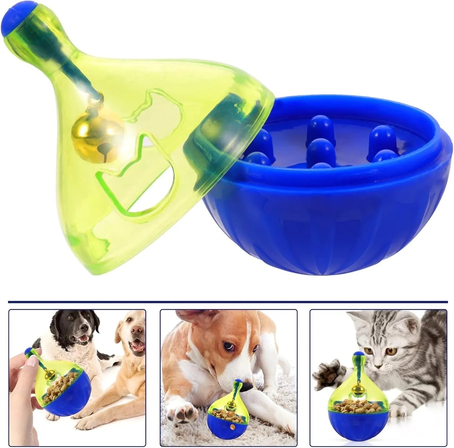Blue tumbler-shaped interactive treat dispenser ball for dogs and cats on floor