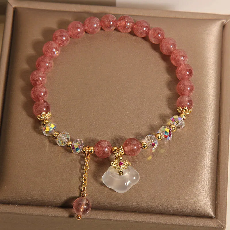 Adjustable strawberry quartz and white agate crystal bracelet with auspicious cloud charms