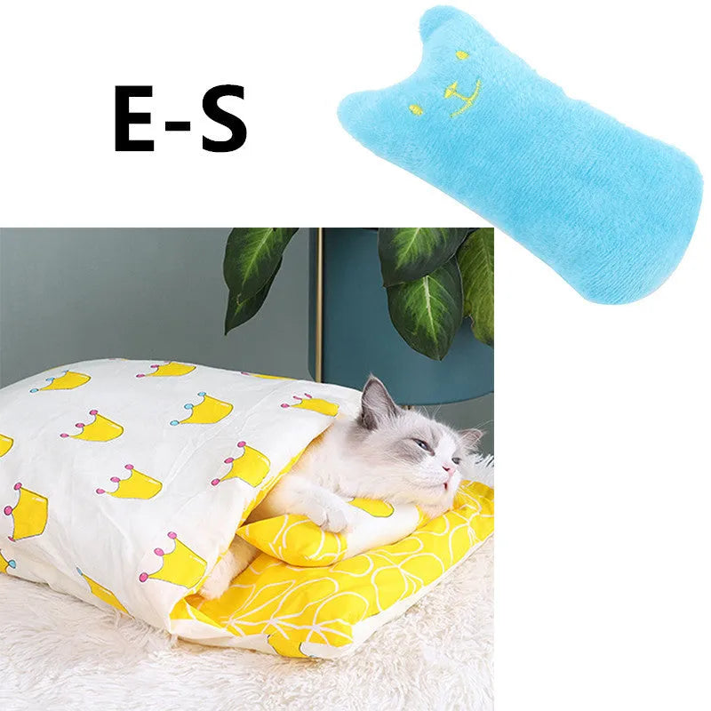 Warm semi-enclosed cat bed with removable washable quilt, cloth cave design for small to large cats