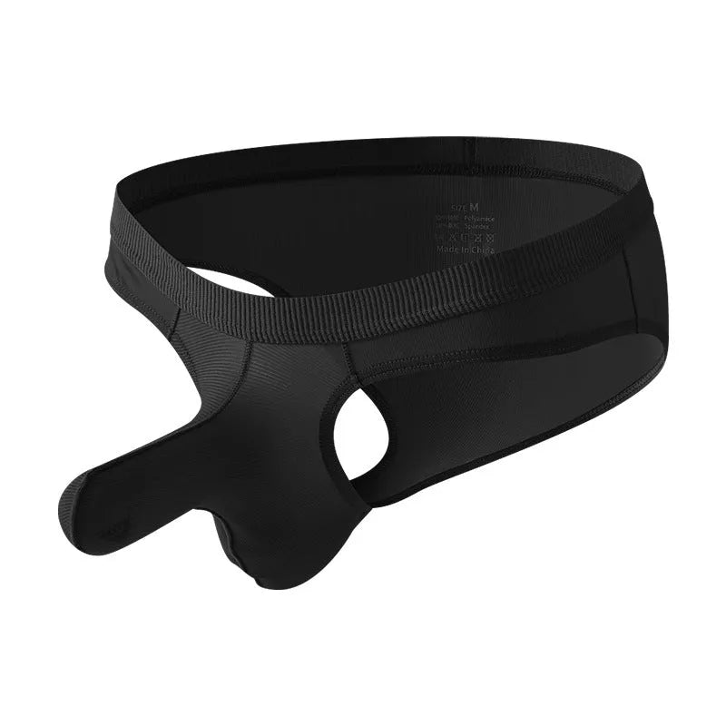 Men's low waist ice silk briefs in black, shown flat.